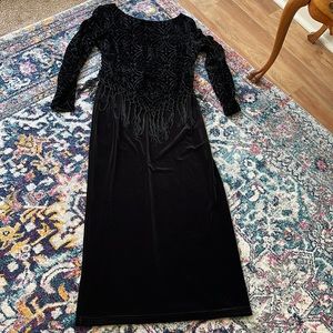 Vintage Robbie Bee black velvet burnout fringe long dress size 8